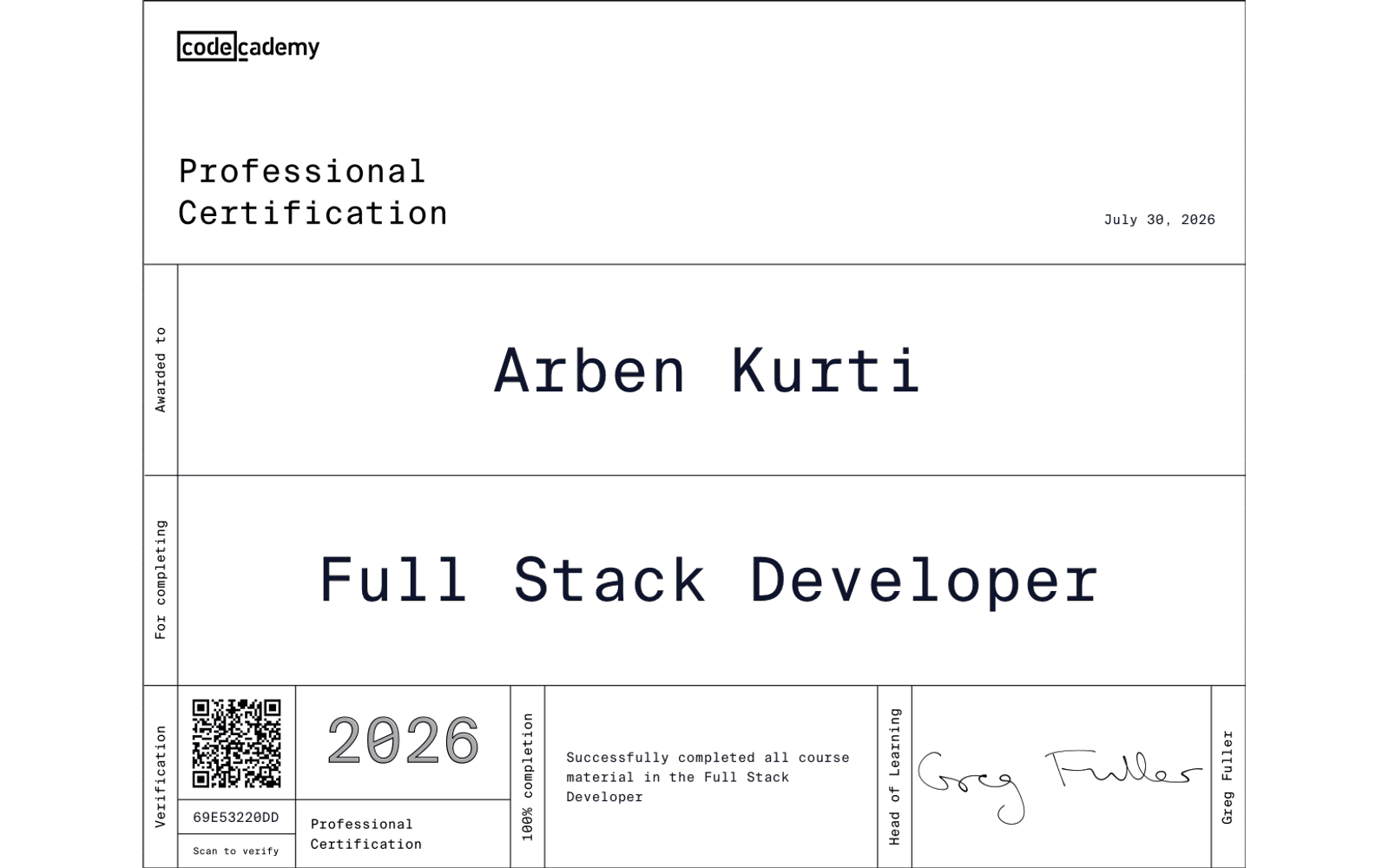 Full Stack Developer — förhandsvisning av intyg