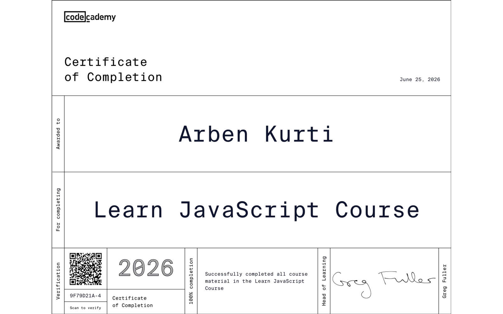 Learn JavaScript — förhandsvisning av intyg