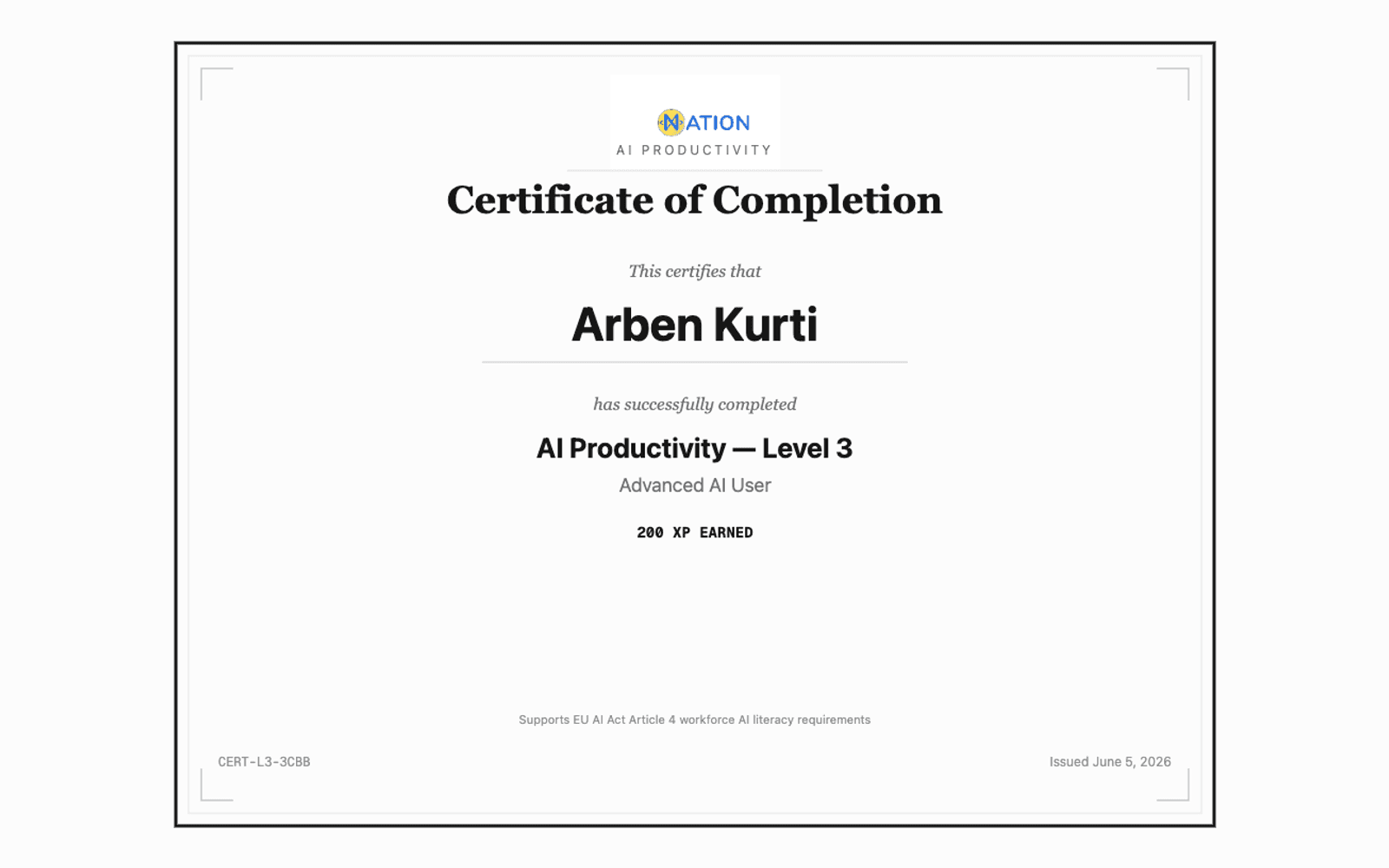 AI Productivity — Level 3 — förhandsvisning av intyg